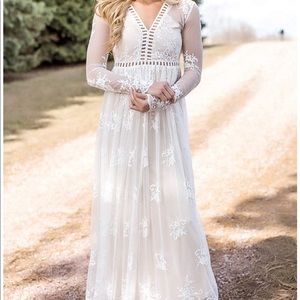 Women's long Sleeve Boho Maxi White Dress XL